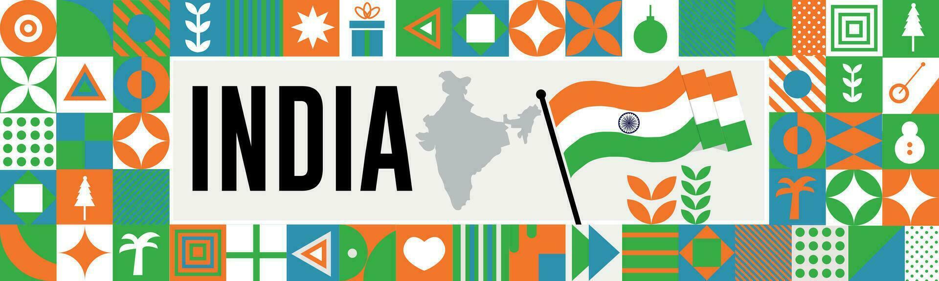 INDIA national day banner with map, flag colors theme background and geometric abstract retro modern colorfull design with raised hands or fists. vector