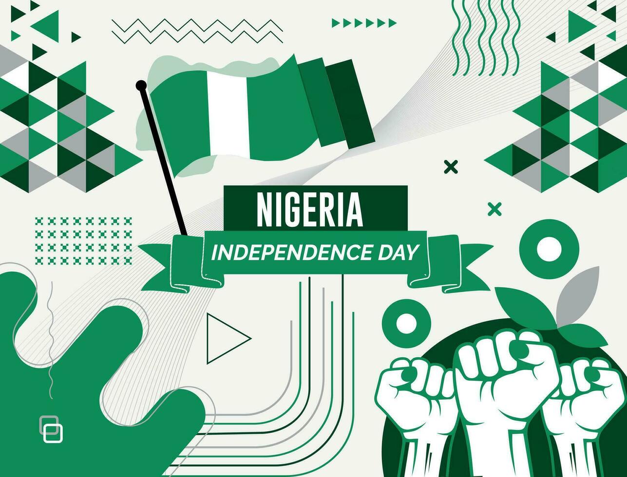 Nigeria nacional día bandera con mapa, bandera colores tema antecedentes y geométrico resumen retro moderno colorido diseño con elevado manos o puños vector