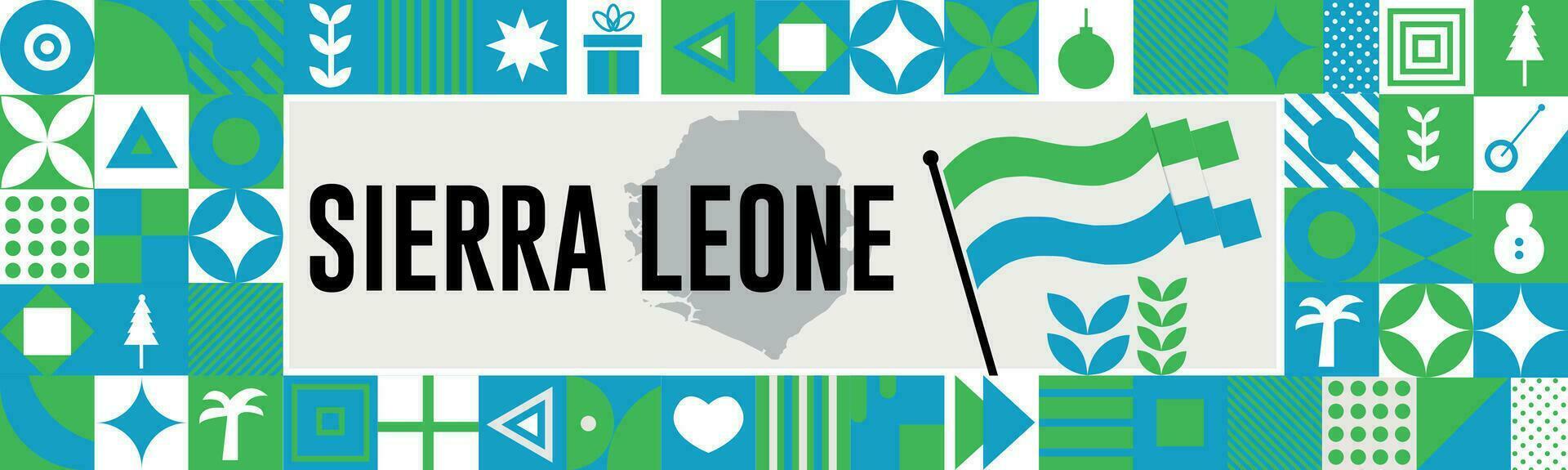 SIERRA LEONE national day banner with map, flag colors theme background and geometric abstract retro modern colorfull design with raised hands or fists. vector