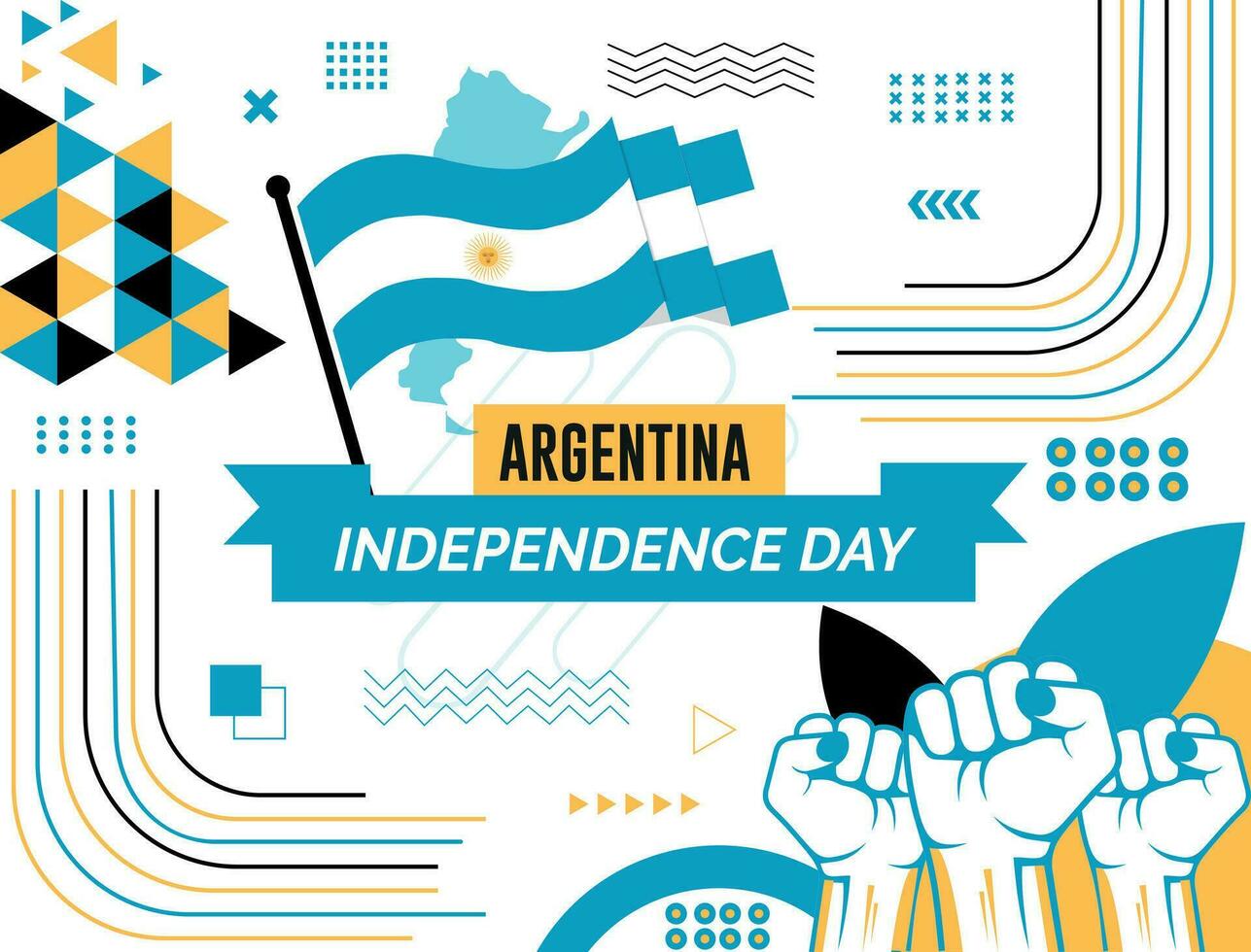 ARGENTINA  national day banner with map, flag colors theme background and geometric abstract retro modern colorfull design with raised hands or fists. vector