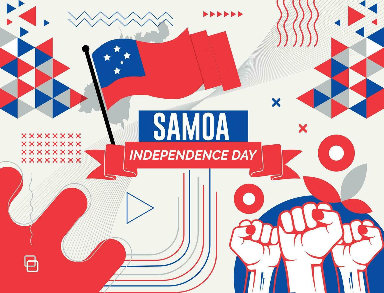 SAMOA national day banner with map, flag colors theme background and geometric abstract retro modern colorfull design with raised hands or fists. vector