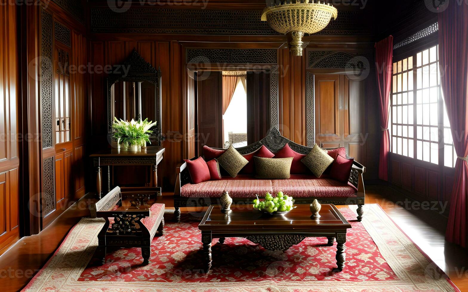 Realistic sitting room javanese style by shining bright sunlight from the window. AI Generative photo