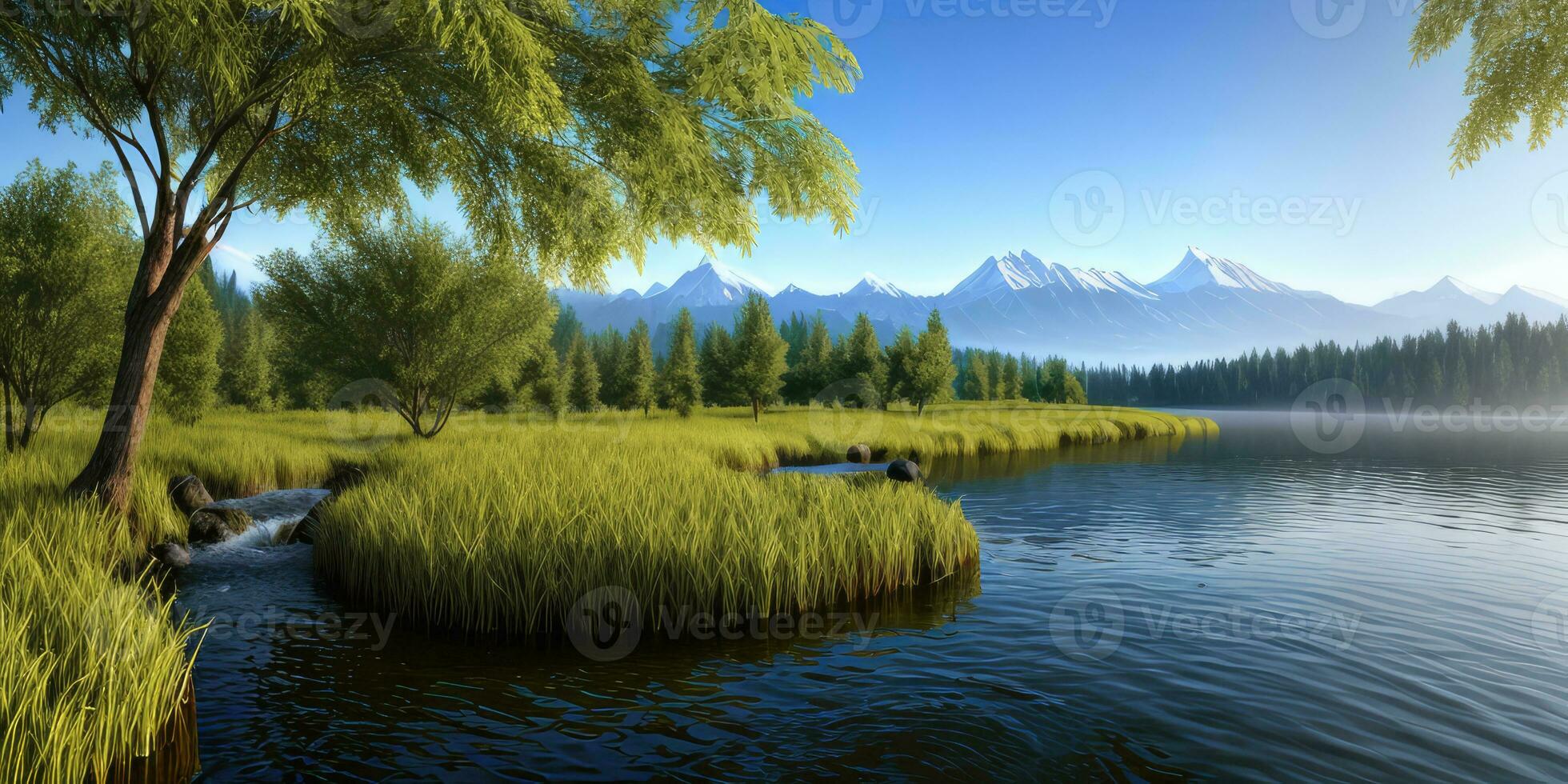 Photorealistic panoramic view of the beautiful natural landscape on the edge of the lake in the forest created with ai generative photo