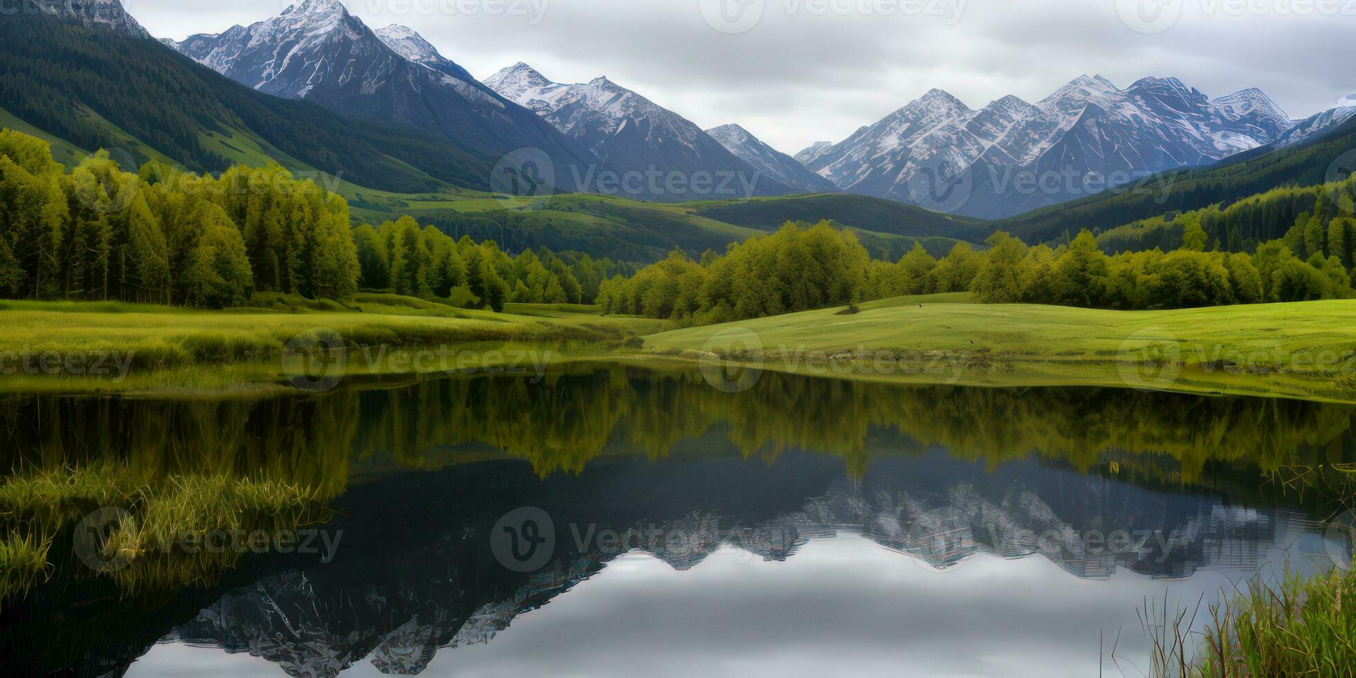 espléndido paisaje reflexión en sereno agua por primavera verano césped follajes. ai generativo foto