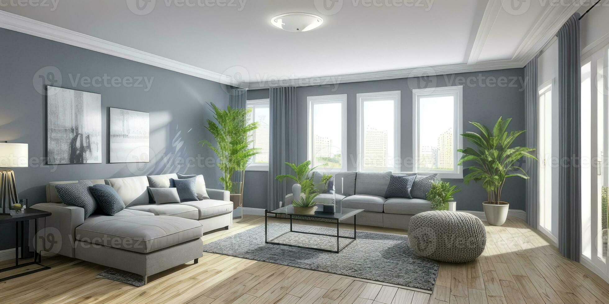 Luxurious photorealistic modern living room indoor interior created with ai generative photo
