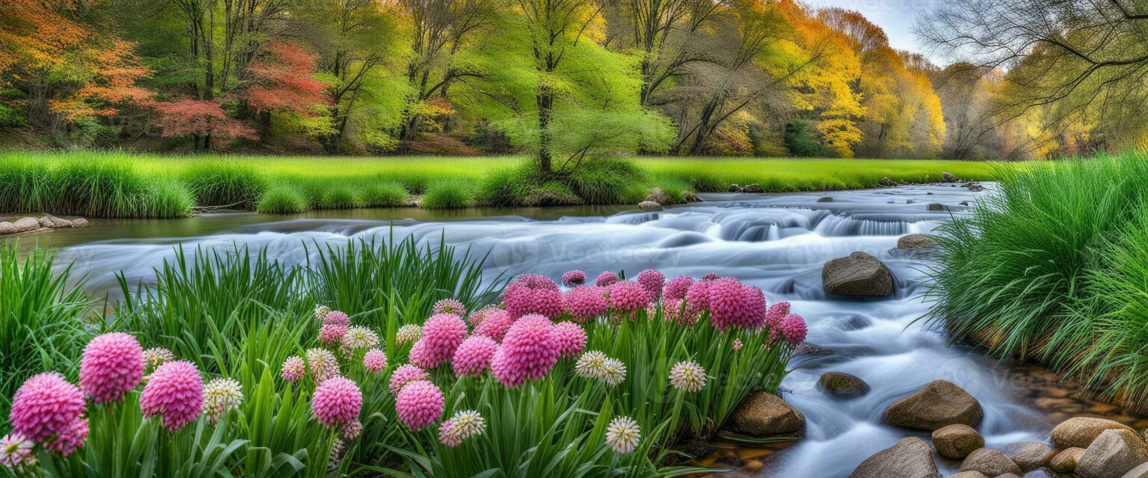 Idyllic countryside natural river with blooming flowers in the foreground created with ai generative photo