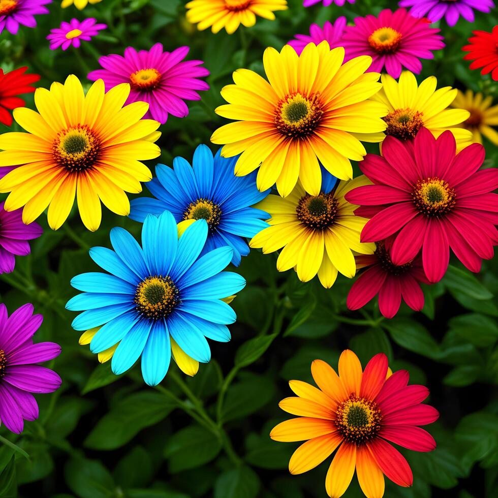 Closeup flower display assorted colorful blooming flowers by green foliage blurred background. photo