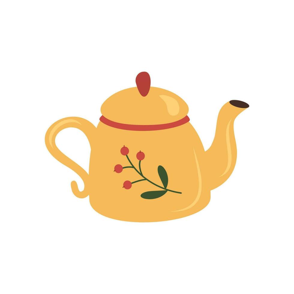 Vintage tea kettle and cozy teapot, herbs. Rustic teapot with autumn herbal drink, teacup, leaves. Colored flat vector illustration isolated on white background.