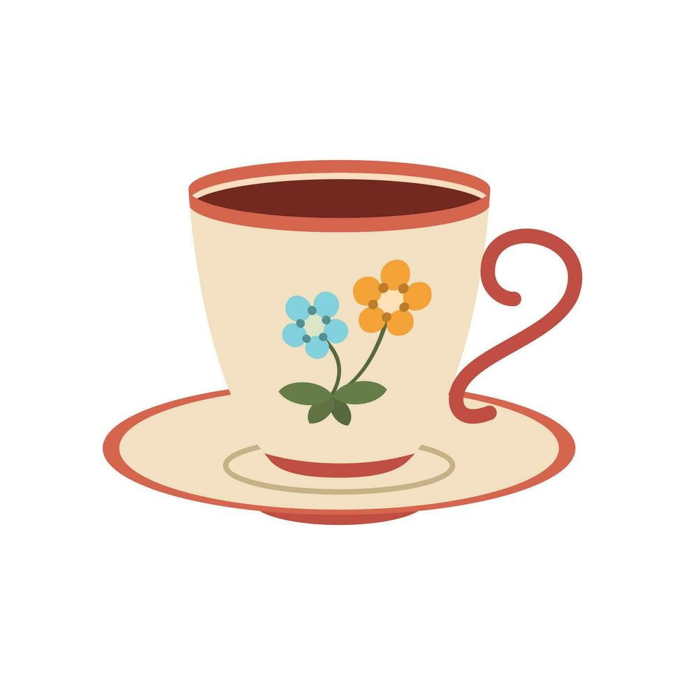 Cup with tea or coffee. Different ornaments. Flowers, berries, etc Cozy vector illustration. Cartoon style. Flat design. Autumn or winter drink.