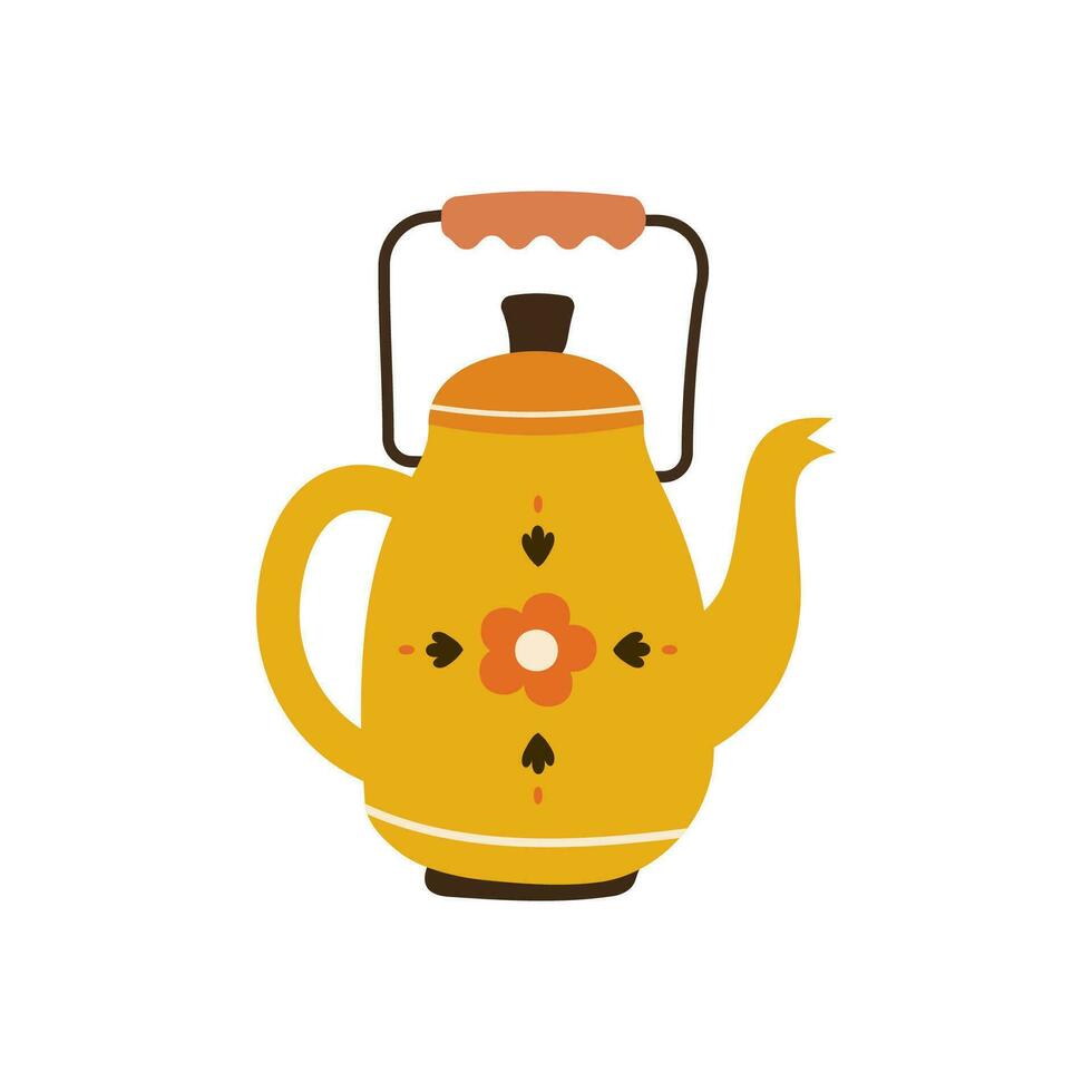 Clásico té tetera y acogedor tetera, hierbas. rústico tetera con otoño herbario beber, taza para té, hojas. de colores plano vector ilustración aislado en blanco antecedentes.