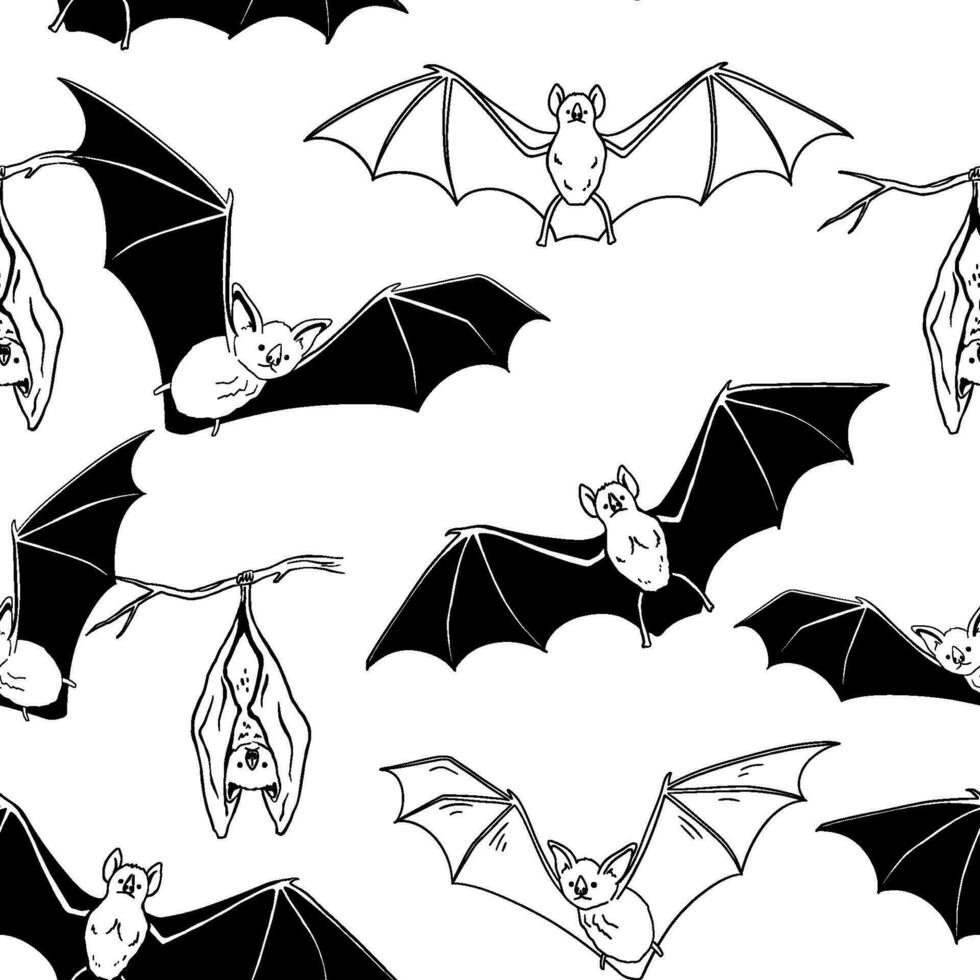 Seamless monochrome pattern with cute flying and hanging bat for halloween. vector