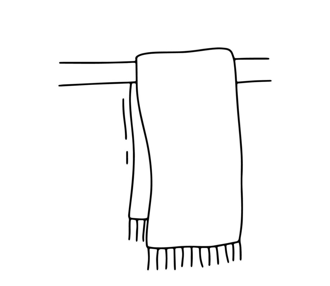 Line hanging towel isolated on white background. Outline hand drawn doodle sketch vector
