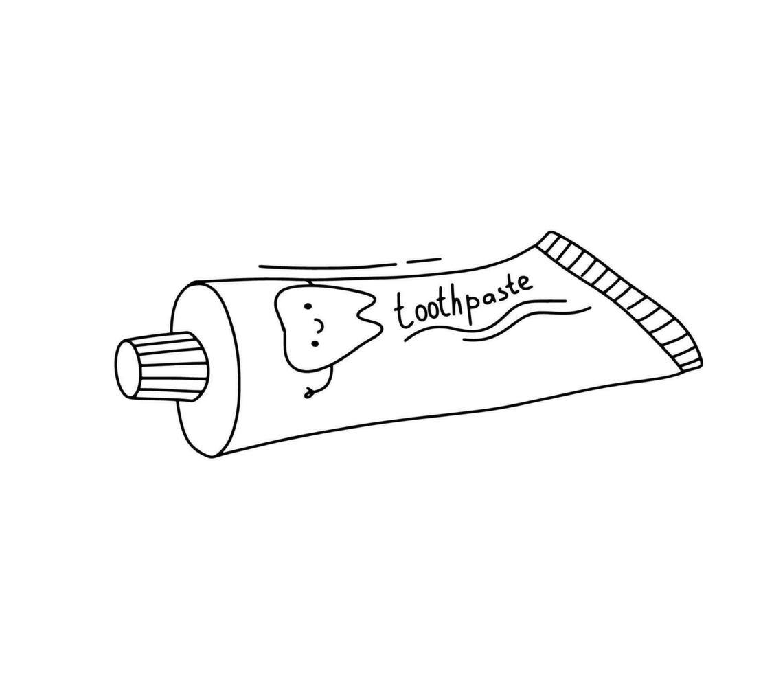 Cute Toothpaste, Tooth Care vector outline sketch. Dental Hygiene Accessory Symbol.