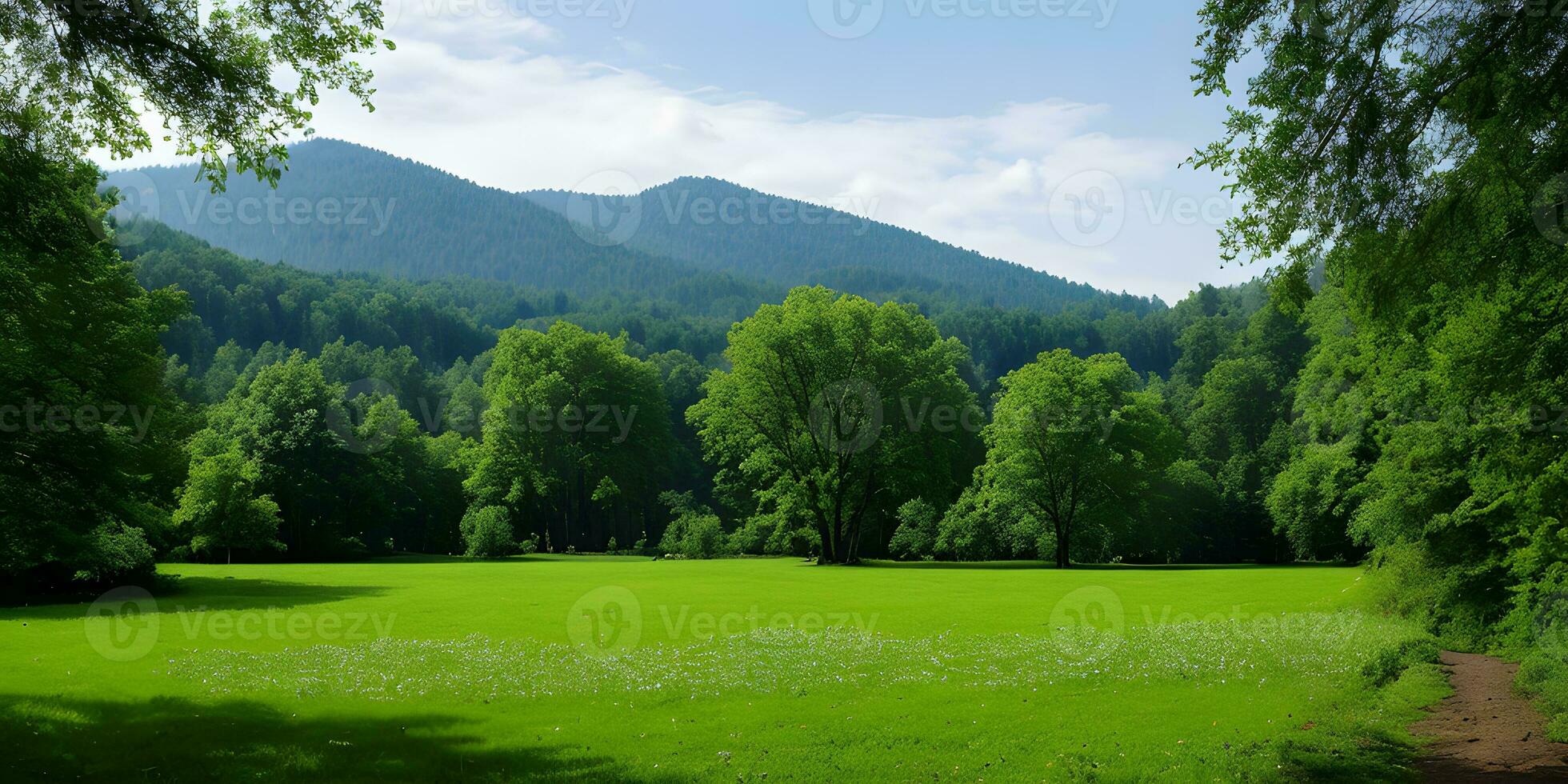 Spring concept background idyllic nature landscape by green grass foreground. AI Generative photo