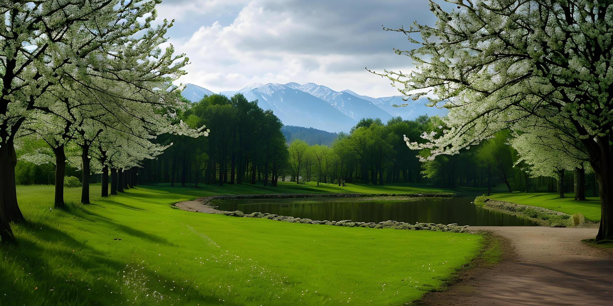 Spring concept background idyllic nature landscape by green grass foreground. photo