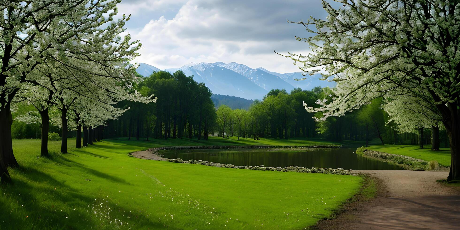 Spring concept background idyllic nature landscape by green grass foreground. AI Generative photo