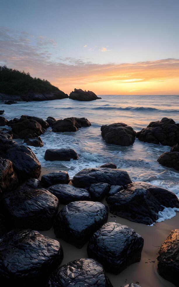 mágico puesta de sol verano paisaje en el playa por escénico rocas primer plano. ai generativo foto