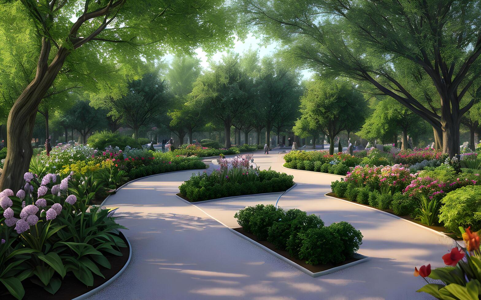 Beautiful garden park environment by green foliage of trees and flowers thrive. photo