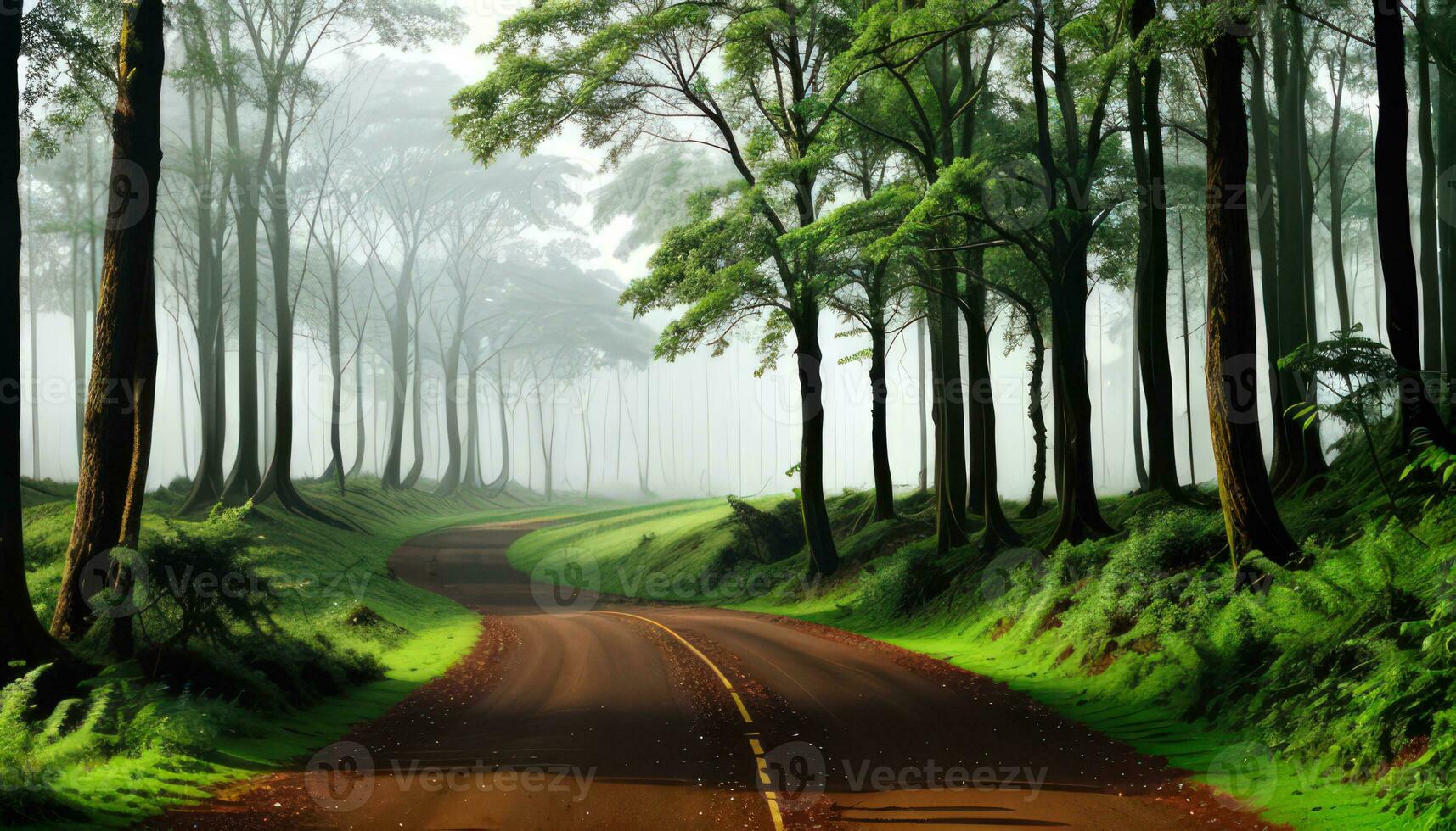A Road In The Green Forest Misty Morning Trees For Background Created With AI Generative photo