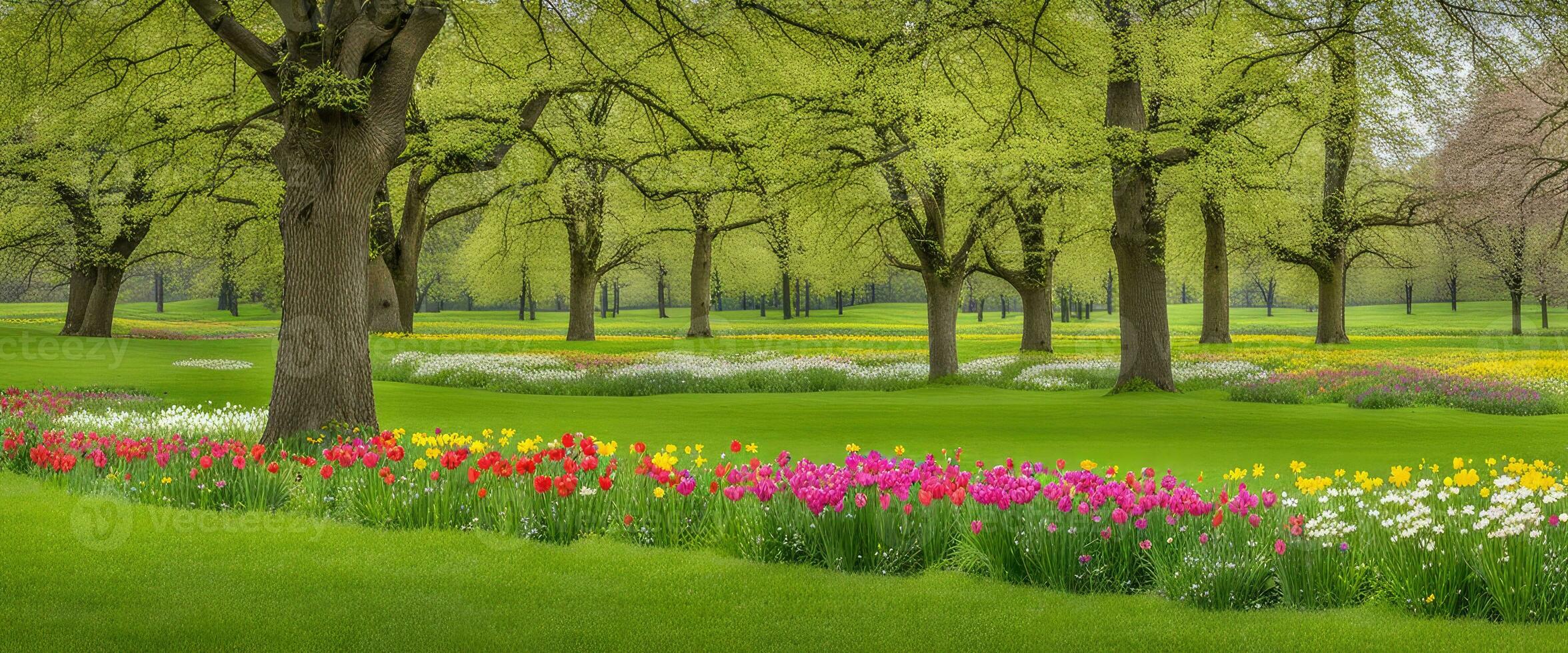 Landscape concept background beautiful meadows surrounded by blooming flowers in springtime created with ai generative photo