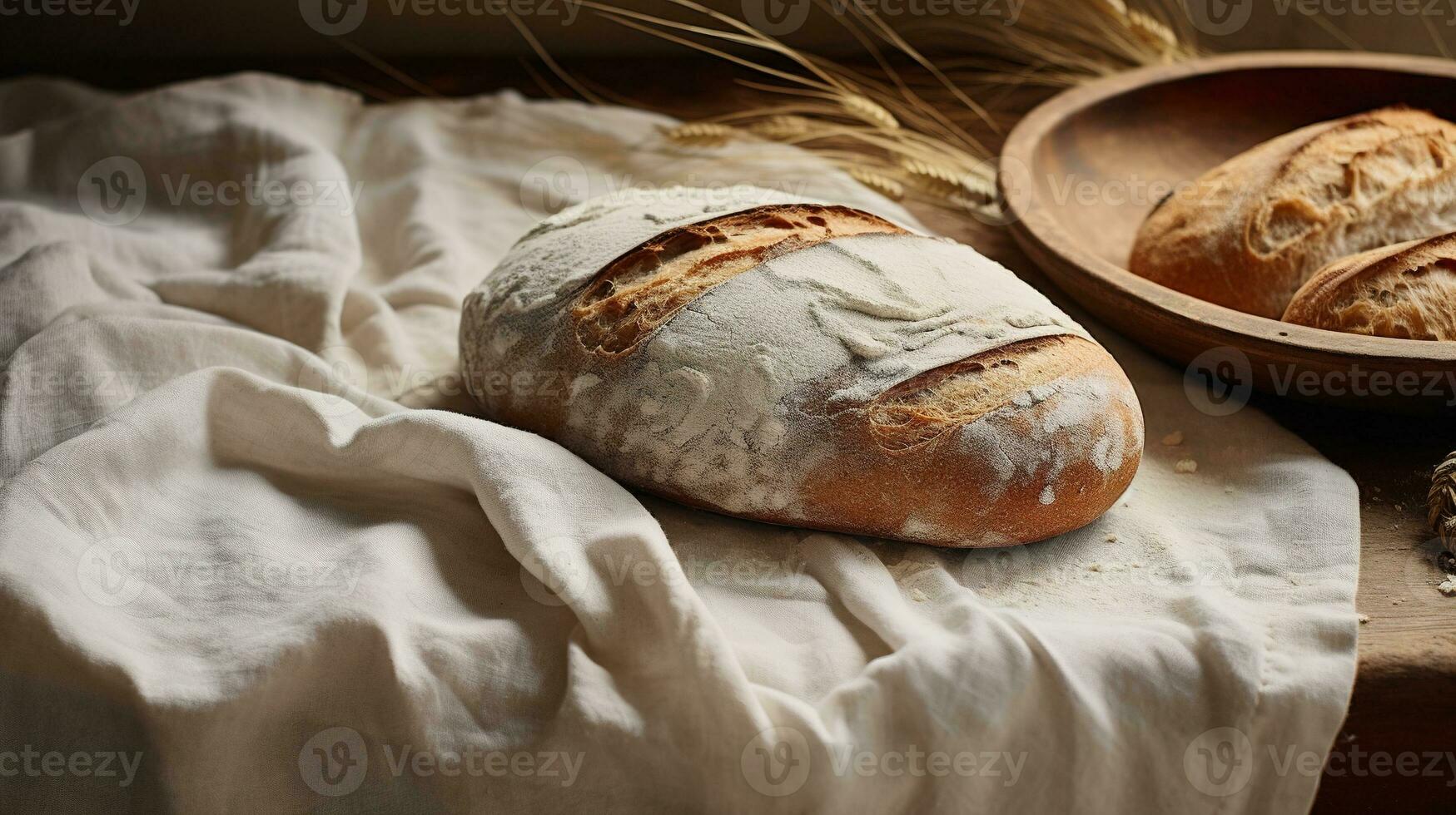 Generative AI, freshly baked bread or bakery at the home kitchen, ecologically natural pastries, linen table wear and wheat photo