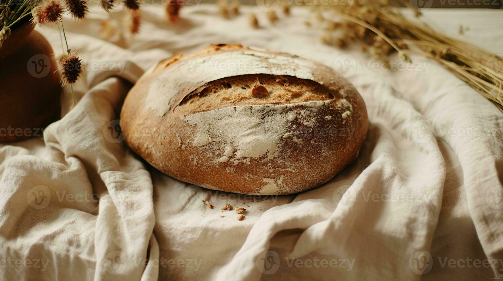 generativo ai, recién horneado un pan o panadería a el hogar cocina, ecológicamente natural pasteles, lino mesa vestir y trigo foto