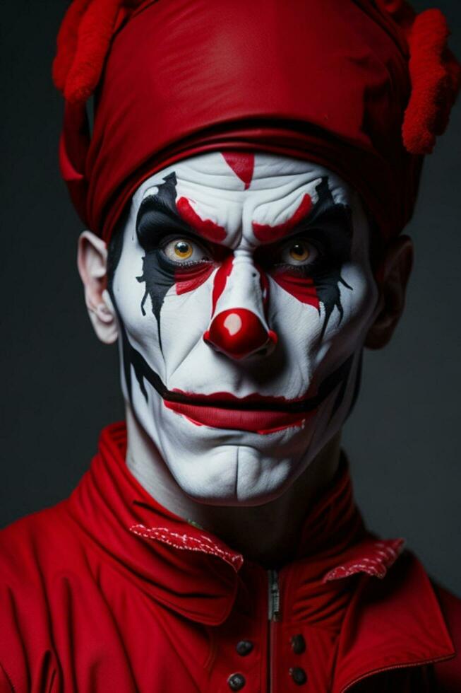 espantoso Víspera de Todos los Santos payaso, retrato de un siniestro traje rojo bufón, ai generado foto