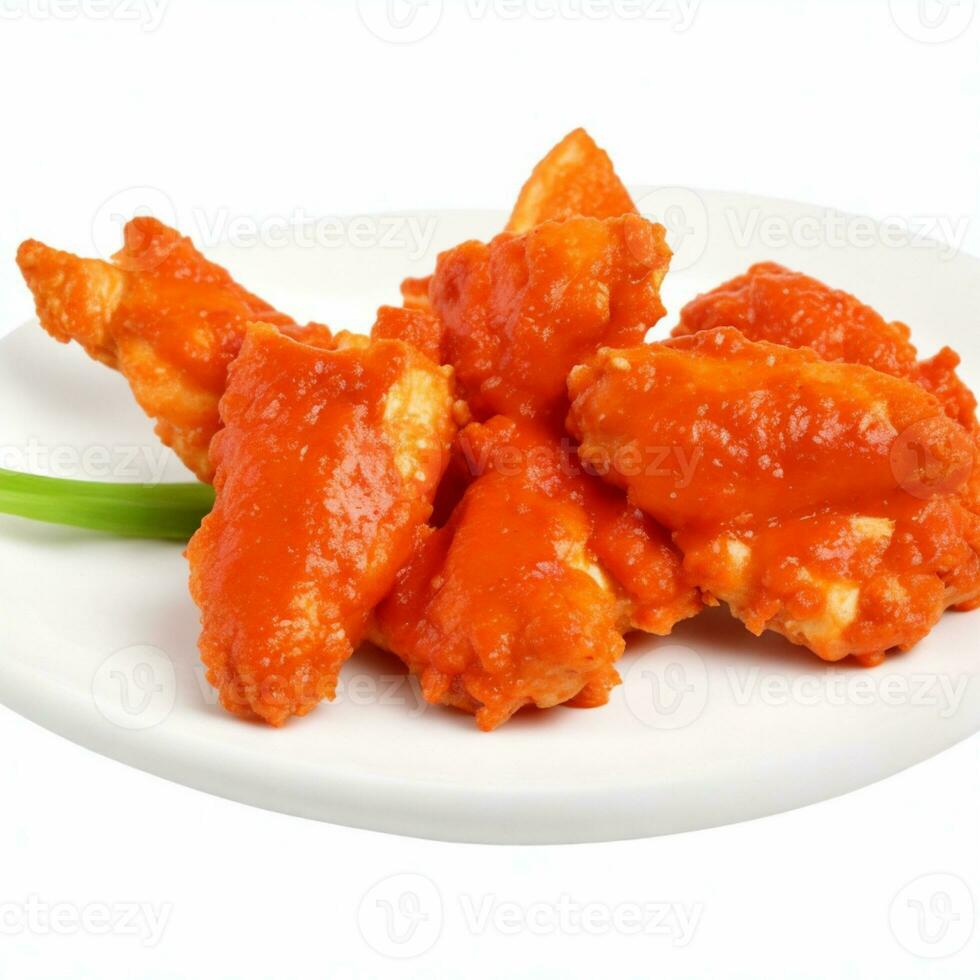 Fried chicken wings in tomato sauce on white plate isolated on white background. Generative AI photo