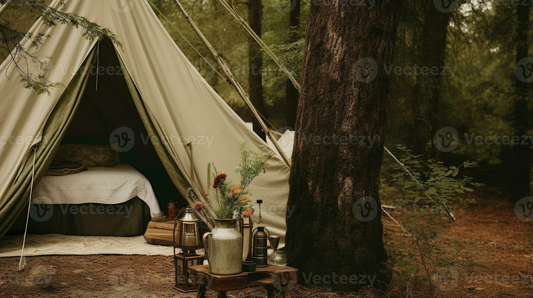 generativo ai, cámping al aire libre concepto en neutral apagado colores, turista acampar foto