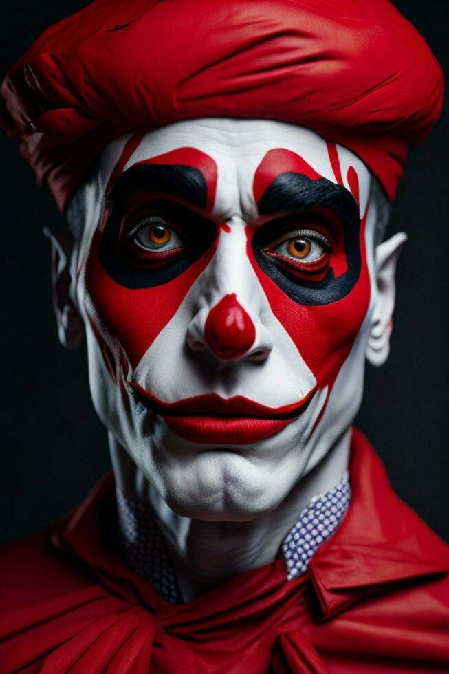 espantoso Víspera de Todos los Santos payaso, retrato de un siniestro traje rojo bufón, ai generado foto