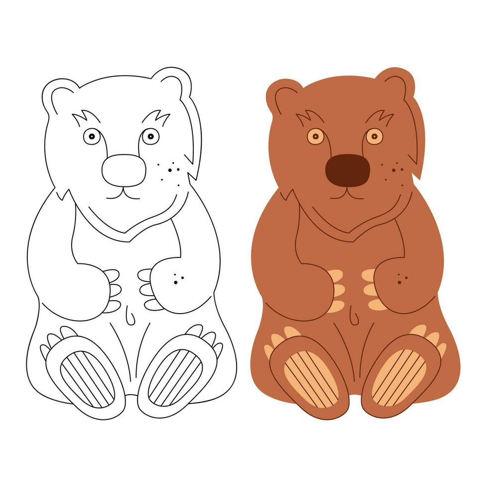 A small set with bears. Black and white and color clipart vector illustration.