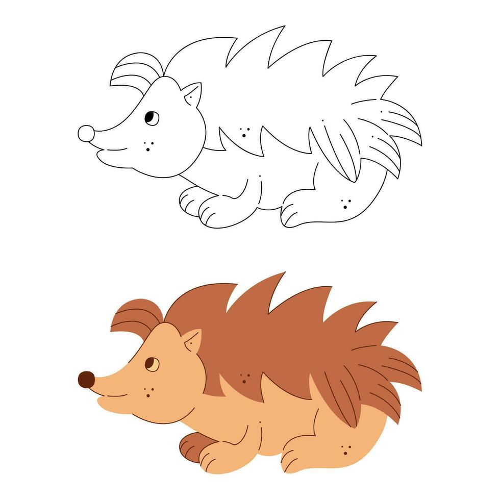 A small set with hedgehogs. Black and white and color clipart vector illustration.