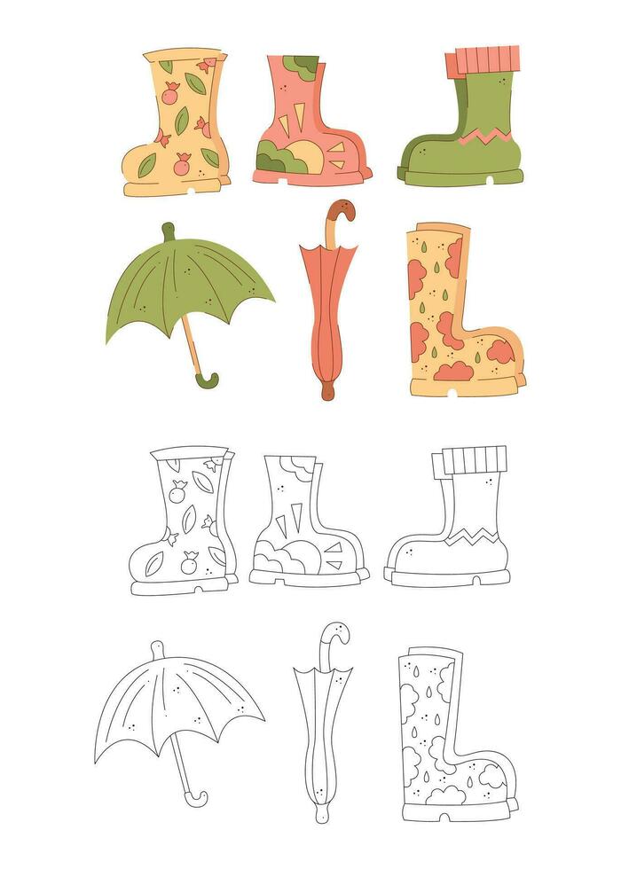 Set of four different rubber boots and two umbrellas. Black and white and color clipart vector illustration.