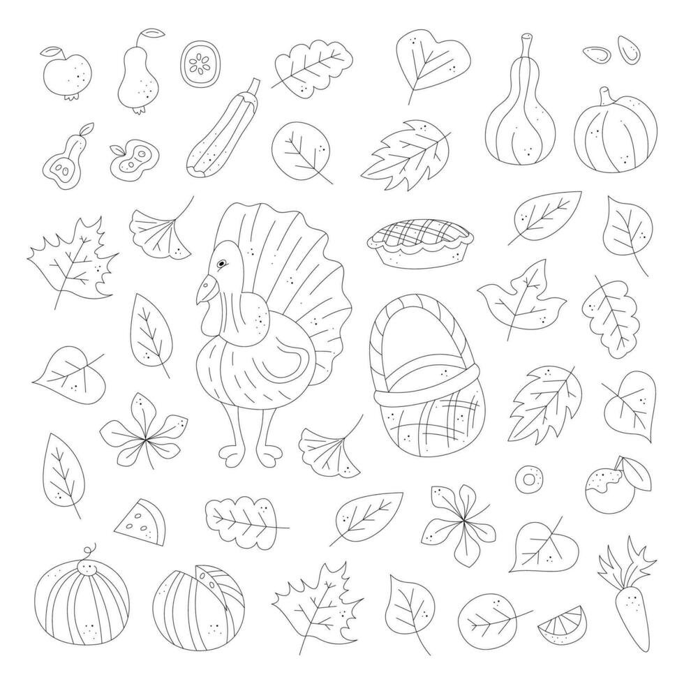 Thanksgiving set with turkey, autumn leaves and vegetables. Black and white clipart vector illustration.