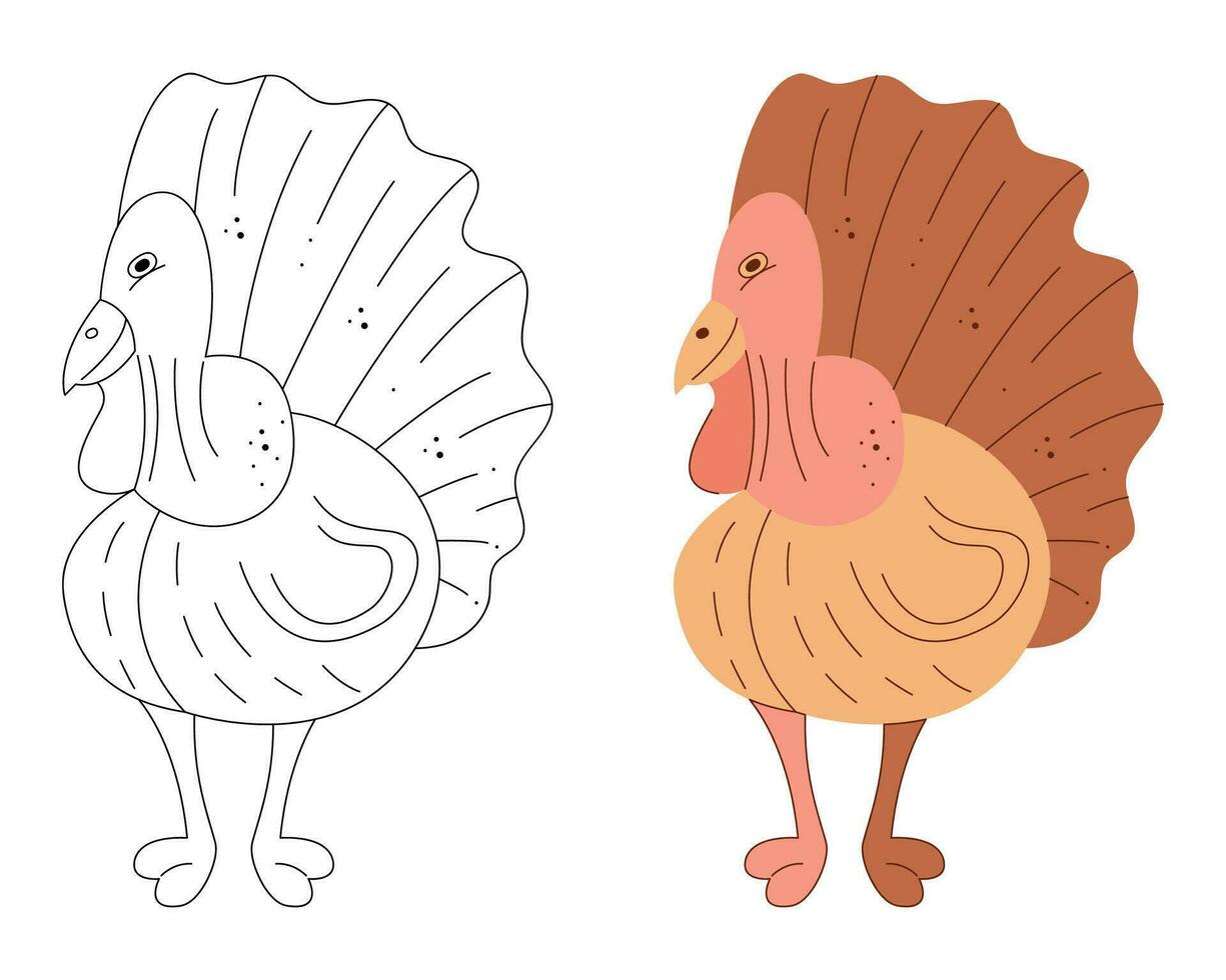 A small set with turkeys. Black and white and color clipart vector illustration.