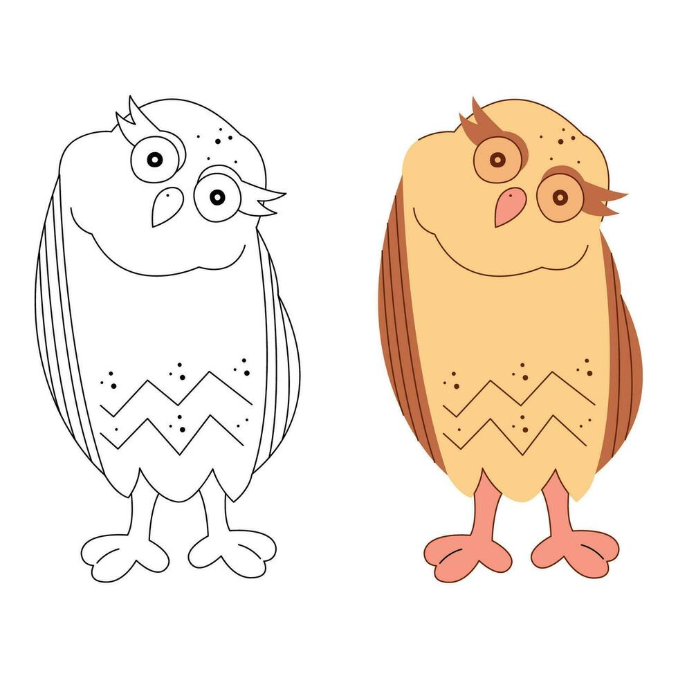 A small set with owls. Black and white and color clipart vector illustration.