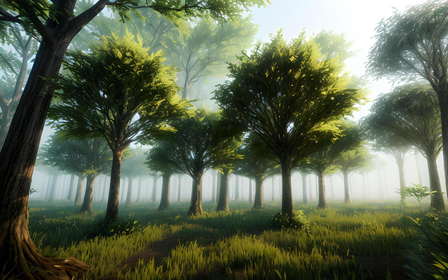 Serene spring summer jungle trees environment by misty rays of light. photo