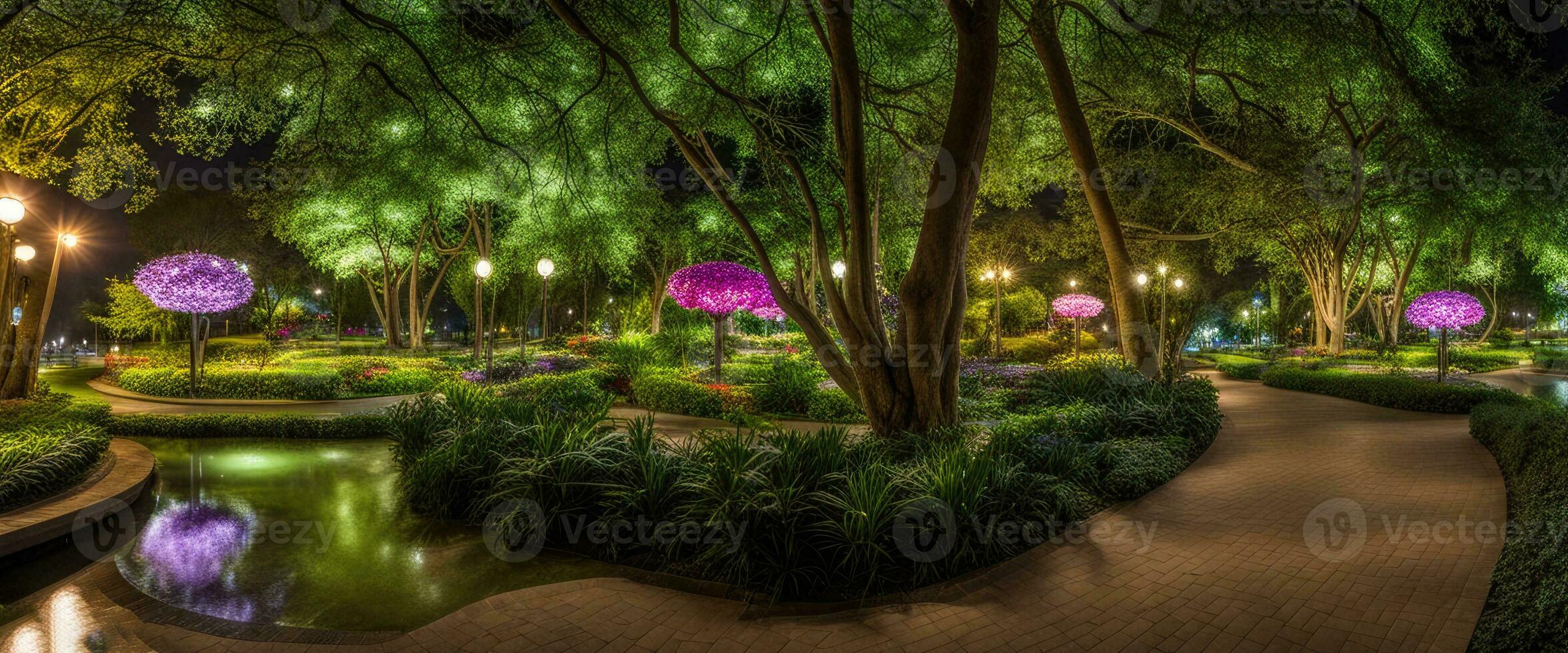 horizontal anamórfico monitor noche jardín parque ambiente fotorrealista para antecedentes creado con ai generativo foto