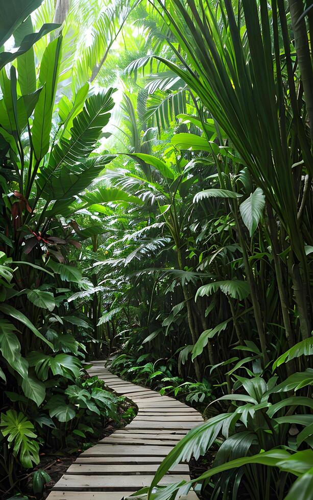 pathway in the jungle environment by green foliage of plants. photo