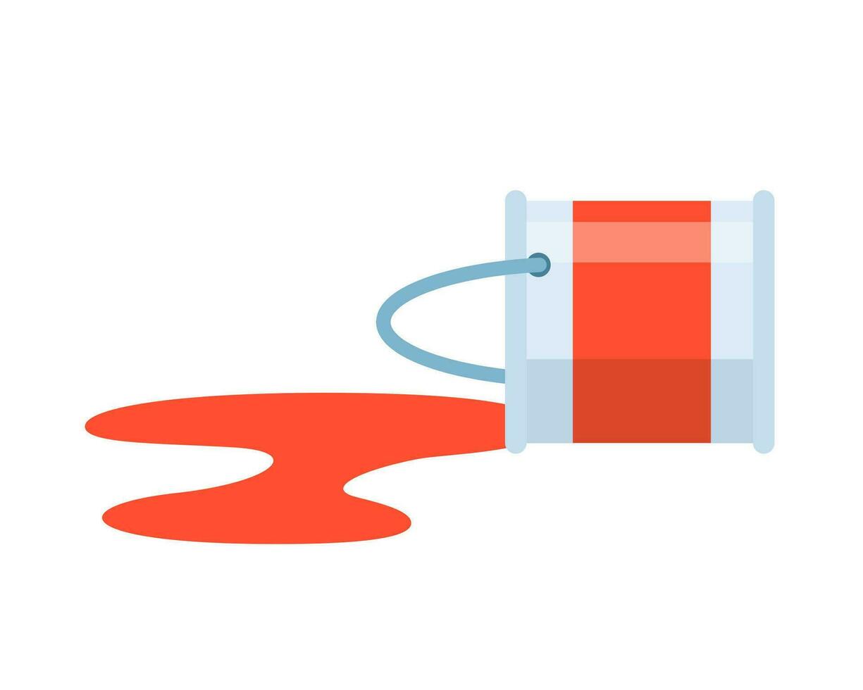 Red paint Dripping Down From Bucket Package. Paint Spilling From White Metallic Container. Painter Liquid For Make Renovation. Vector Illustration.
