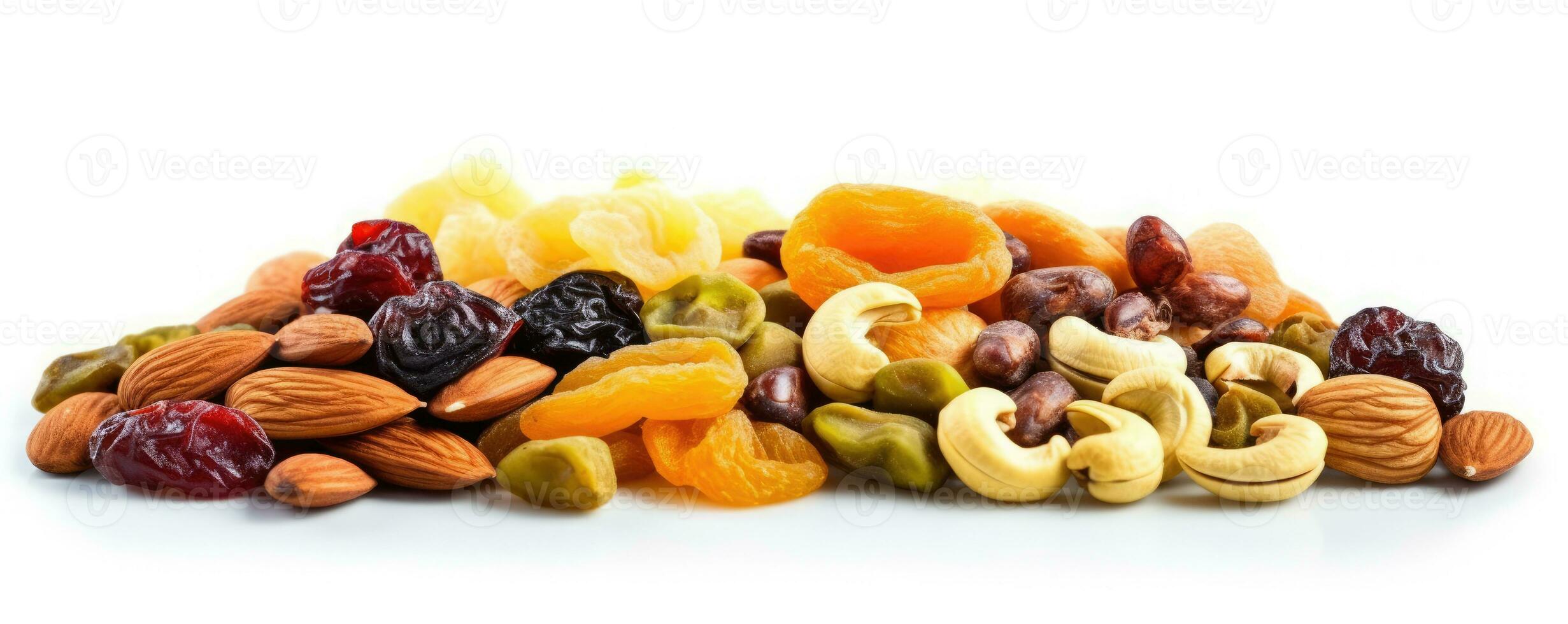 Footer of mix dry fruit on white background, AI Generated photo