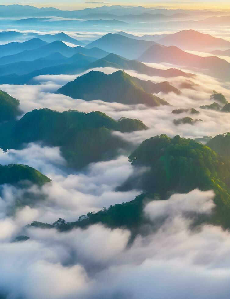 Beautiful natural landscape. Mist floating above the mountains. ai generated photo