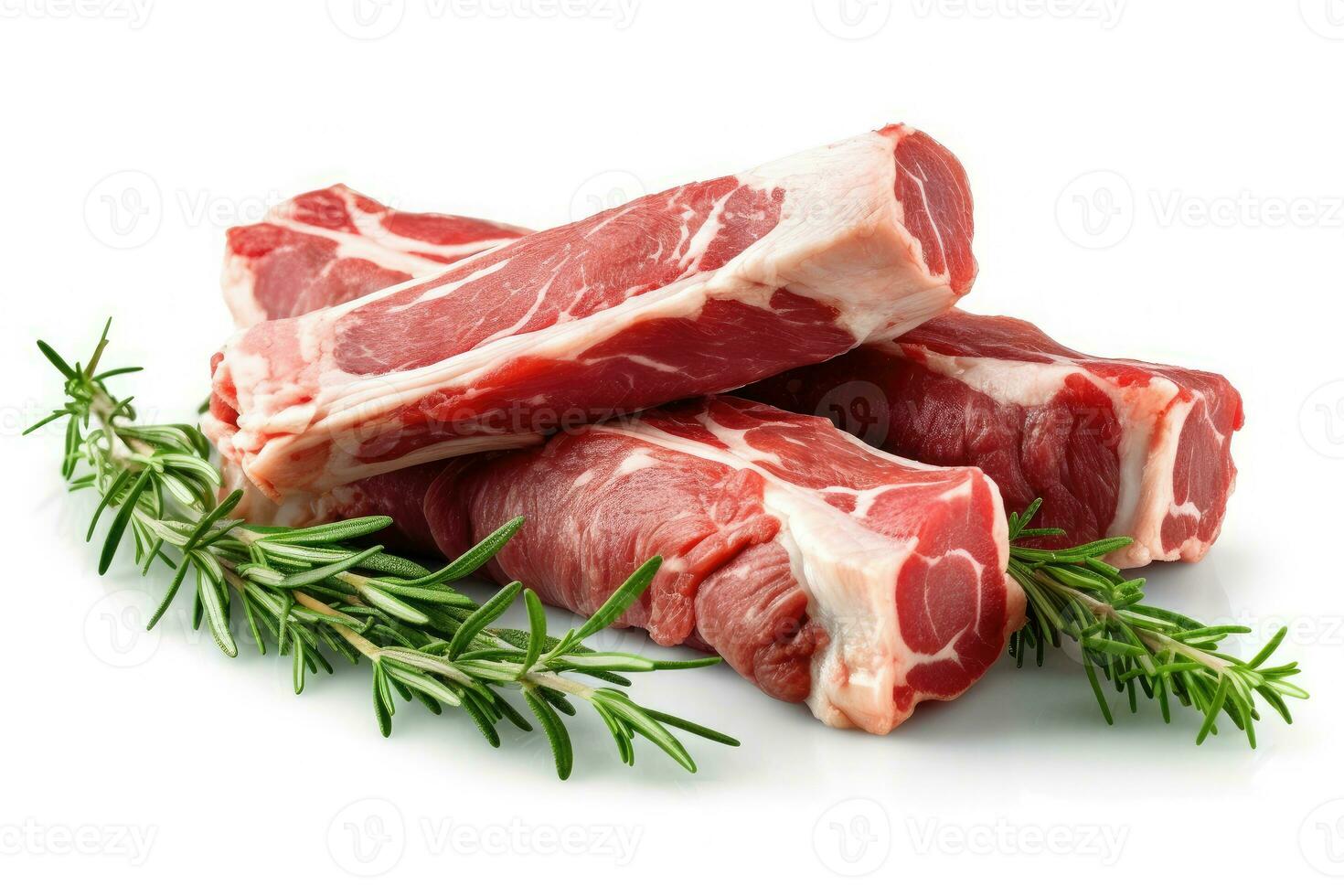 Lamb Ribs meat and herbs isolated on white, Generative AI photo