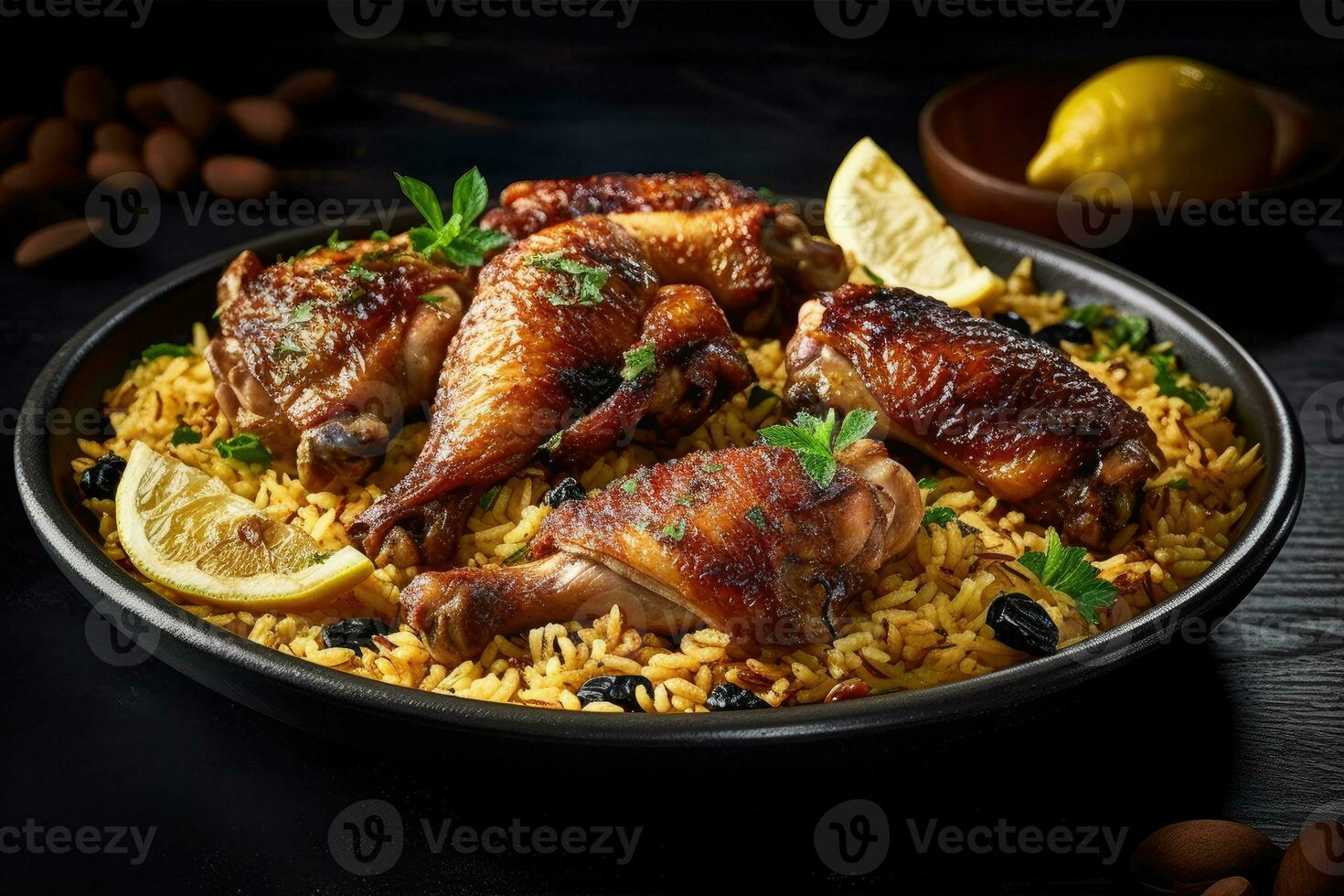 Plate of chicken with lemon and garlic on top, Generative AI photo