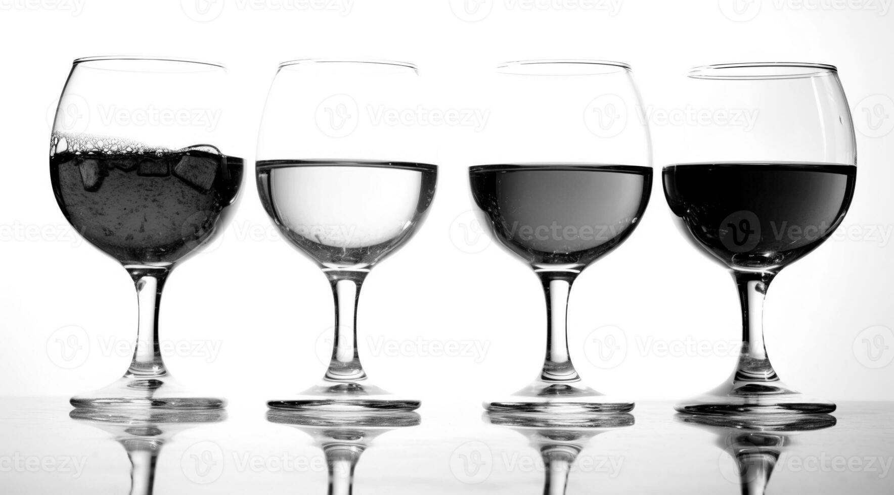 Glasses with wine on white background. A row of half-empty wine groceries. Four glasses with a variety of drinks. AI generated. photo