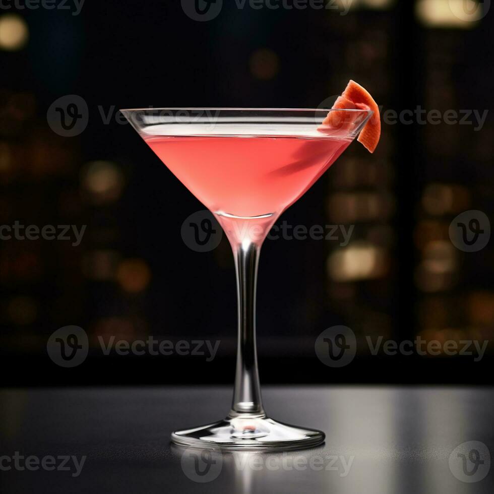 Cosmopolitan cocktail. A refreshing drink with a pulp of red berries on a black background. AI generated. photo