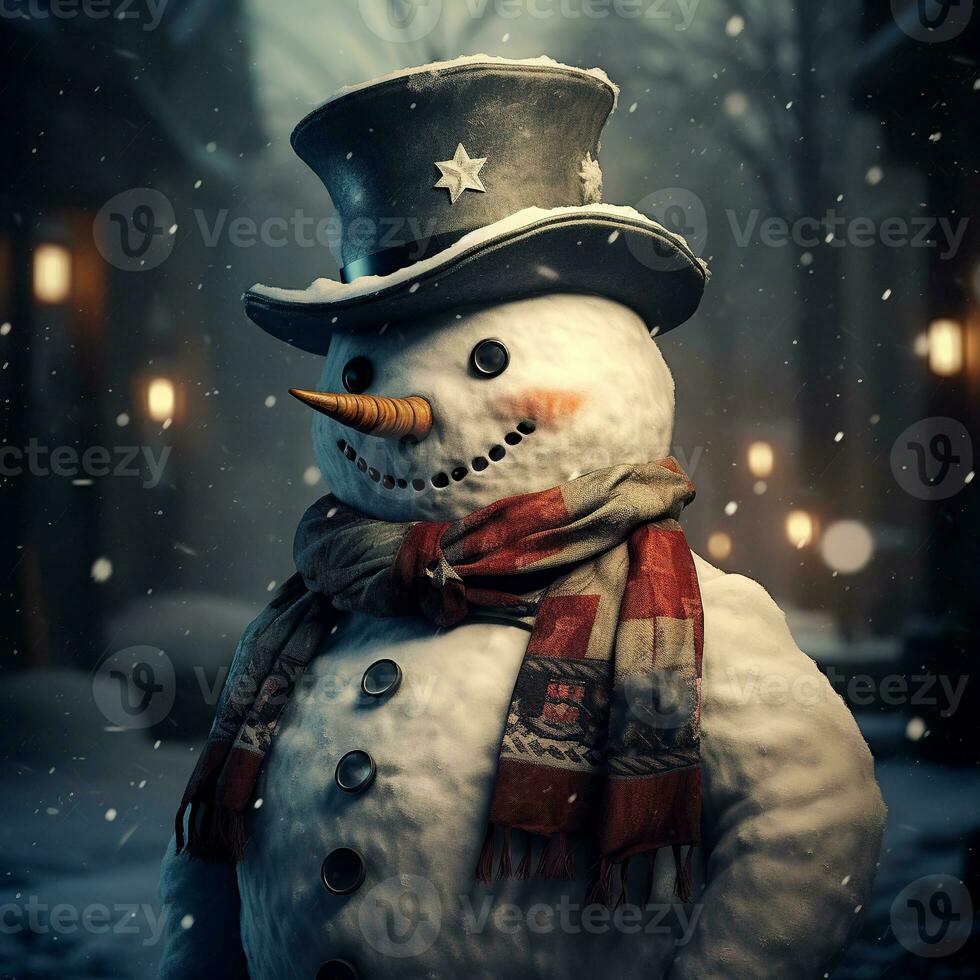 monigote de nieve en el antecedentes de el noche parque. elegante Navidad nieve hombre. ai generado. foto