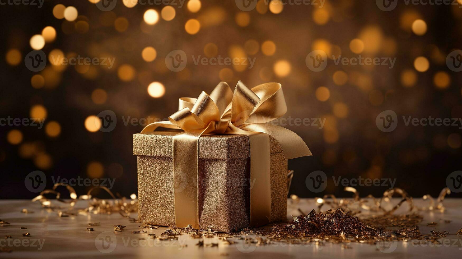 Gift box with golden bow on bokeh lights background. AI generated. photo