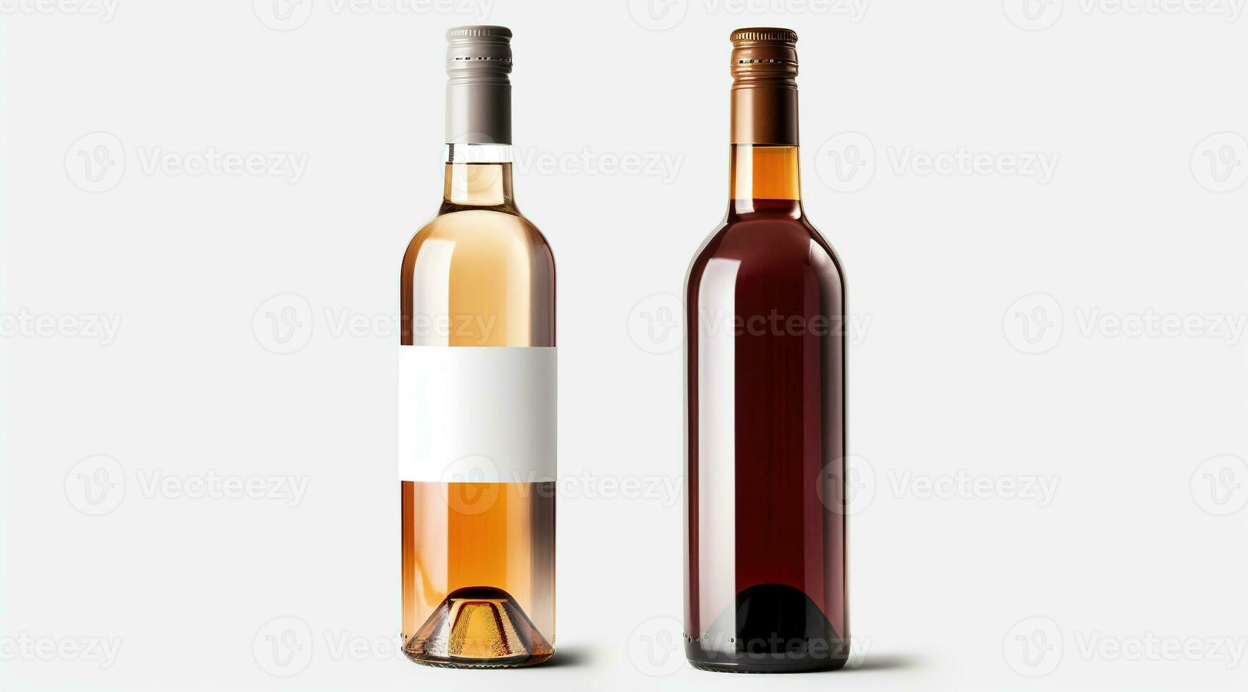 Two wine bottles with blank white label and without label, on white , mock up. Template for advertising, branding identity. MOCK UP. AI generated. photo