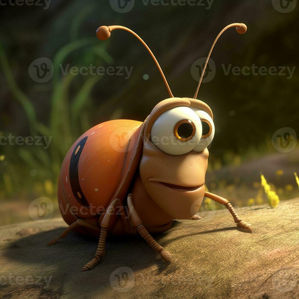 Cute cartoon bug sitting on a rock. AI generated. photo